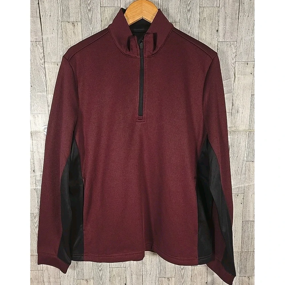 PGA Tour Sweater SMALL Jacquard Burgundy Quarter Zip Pullover Stretch NEW